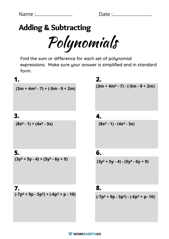 Adding And Subtracting Polynomials Worksheets | WorksheetsGO