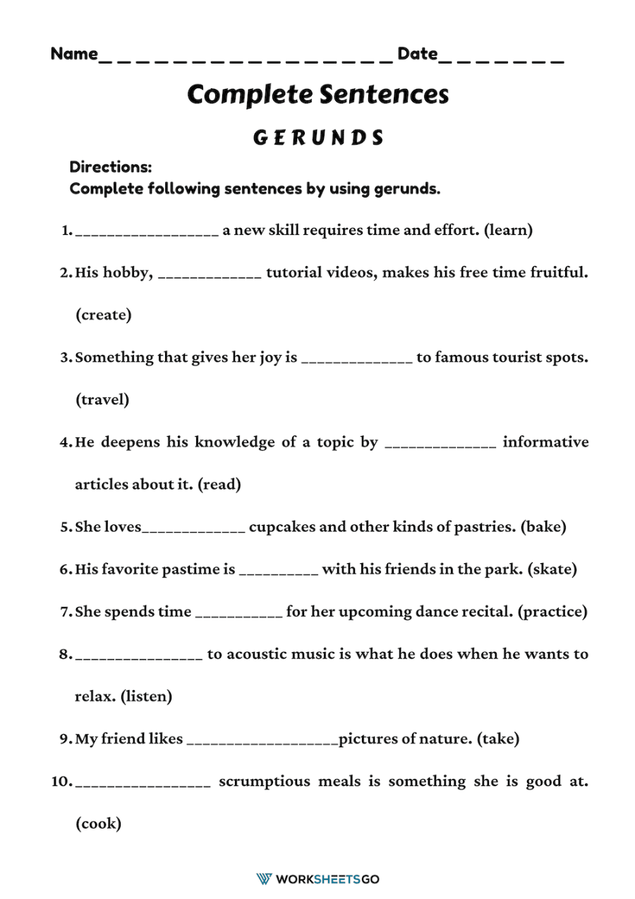 Complete Sentences Worksheet