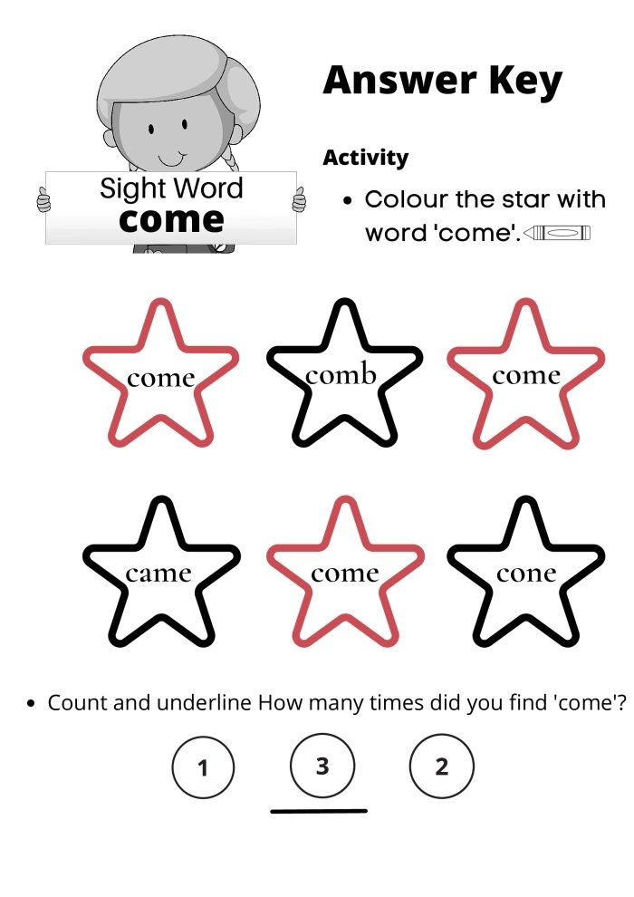 Sight Word Come Worksheet Answer Key