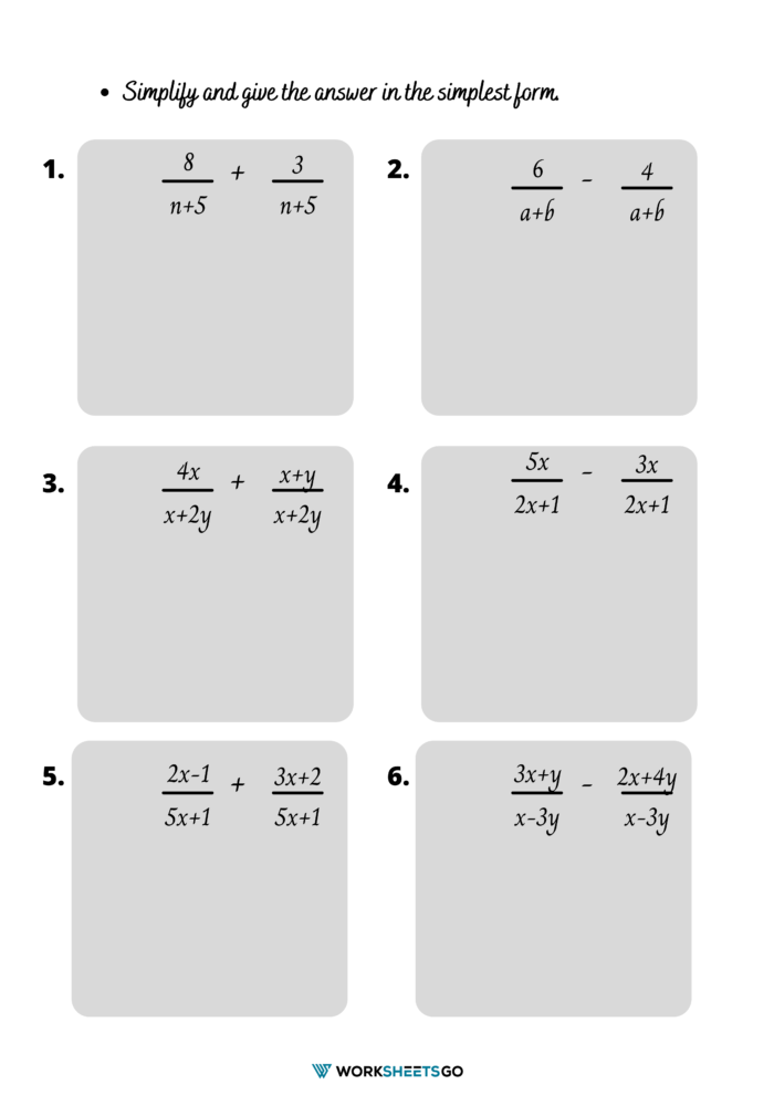Adding And Subtracting Rational Expression Worksheet