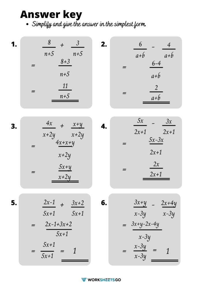 Adding And Subtracting Rational Expression Worksheet Answer Key