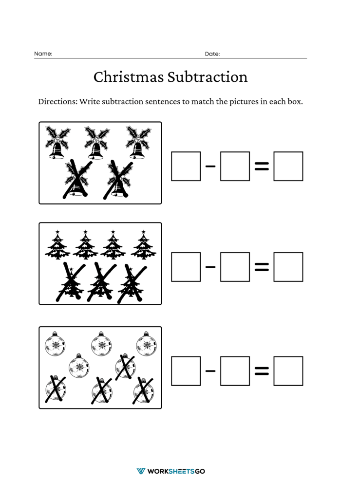 Christmas Subtraction Worksheet 1