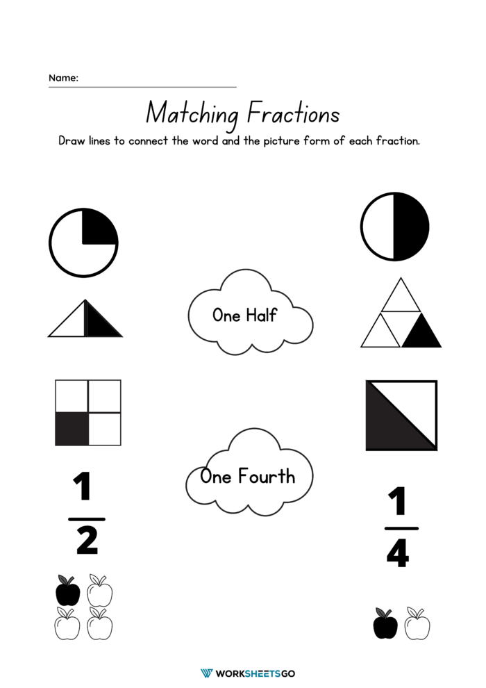 Halves And Fourths Worksheet Matching Fractions WorksheetsGO