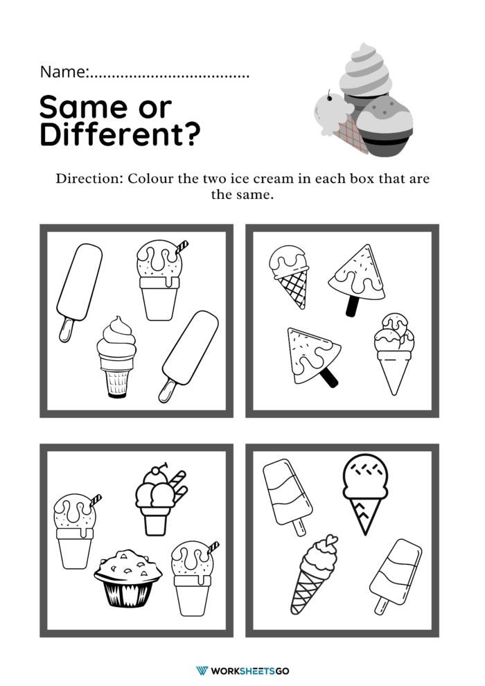 Ice Cream For Pre School Same Or Different Worksheet
