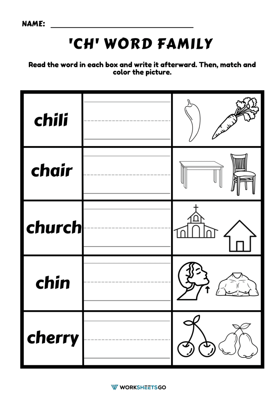 Ch Word Family Worksheet Match And Color The Picture
