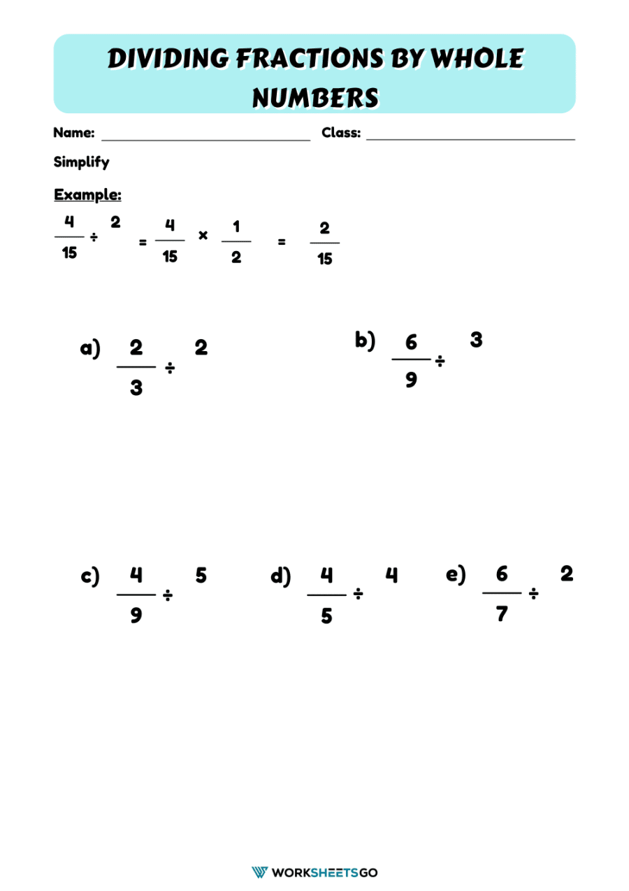 Dividing Fractions By Whole Numbers Worksheet