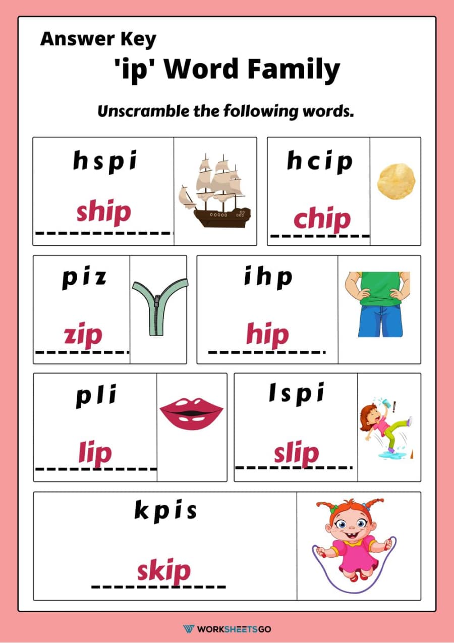 Ip Word Family Unscramble The Following Words Answer Key 2