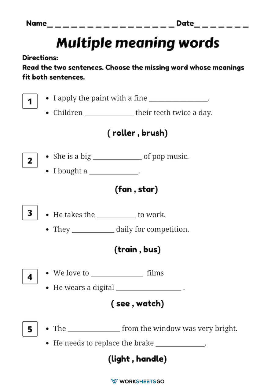 Multiple Meaning Words For 3rd Grade Worksheets
