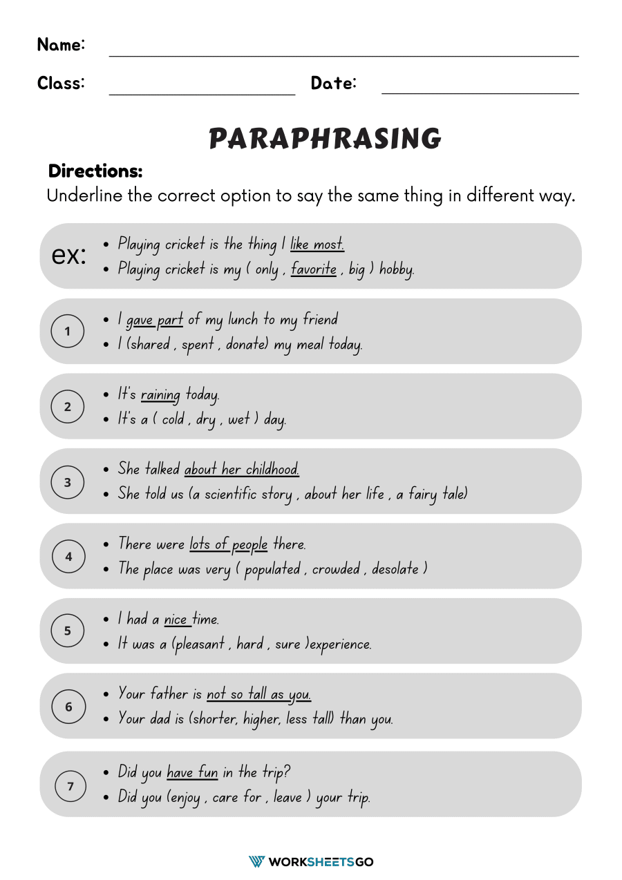 paraphrasing exercises for middle school