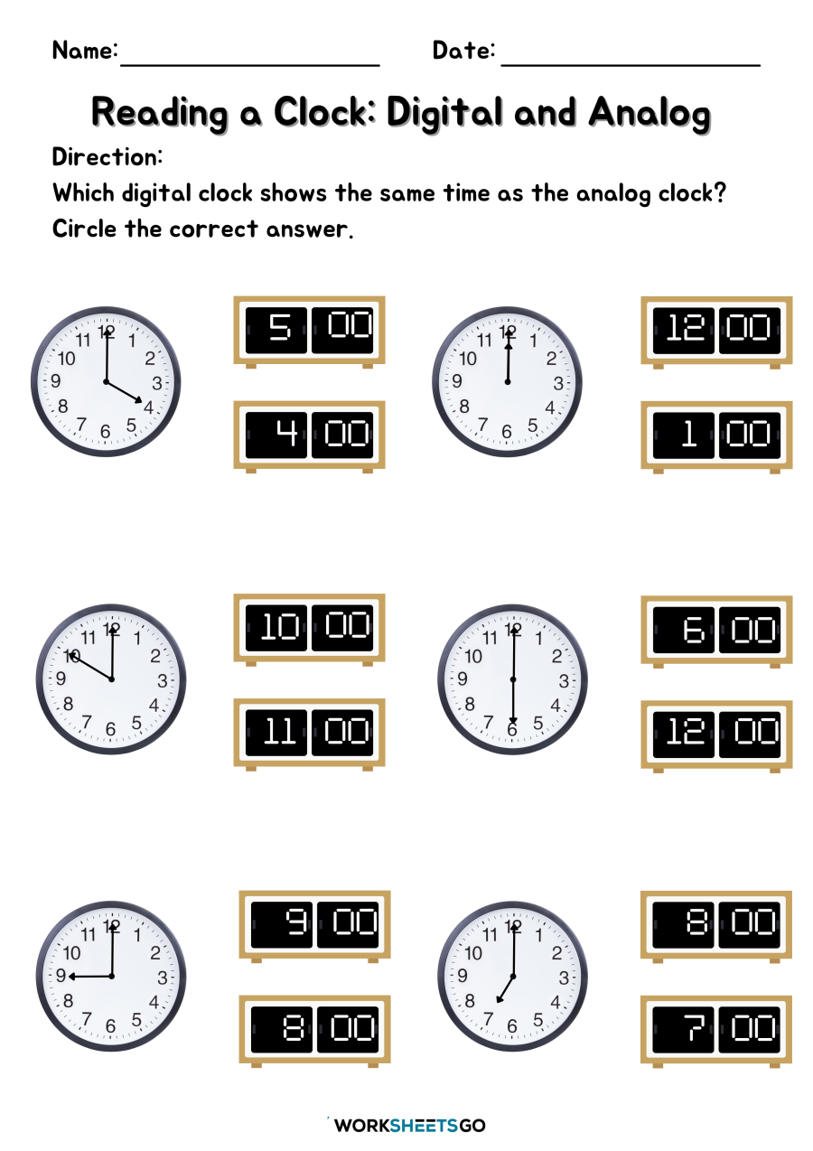 Reading A Clock Digital And Analog Worksheet