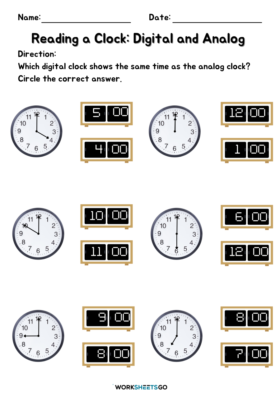 Matching Analog And Digital Clocks Worksheets WorksheetsGO Matching Analog And Digital Clocks Worksheets WorksheetsGO