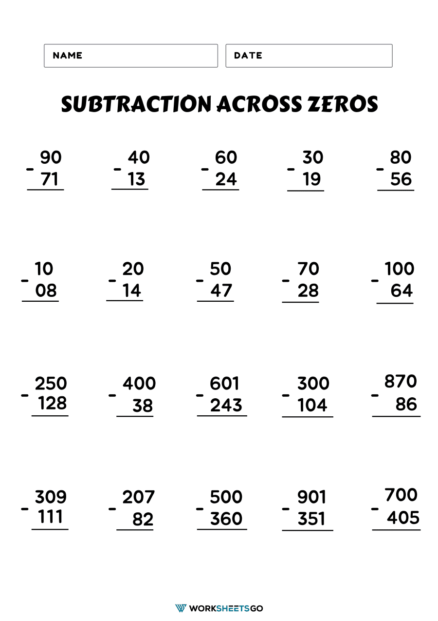 Subtracting Across Zeros Worksheets | WorksheetsGO