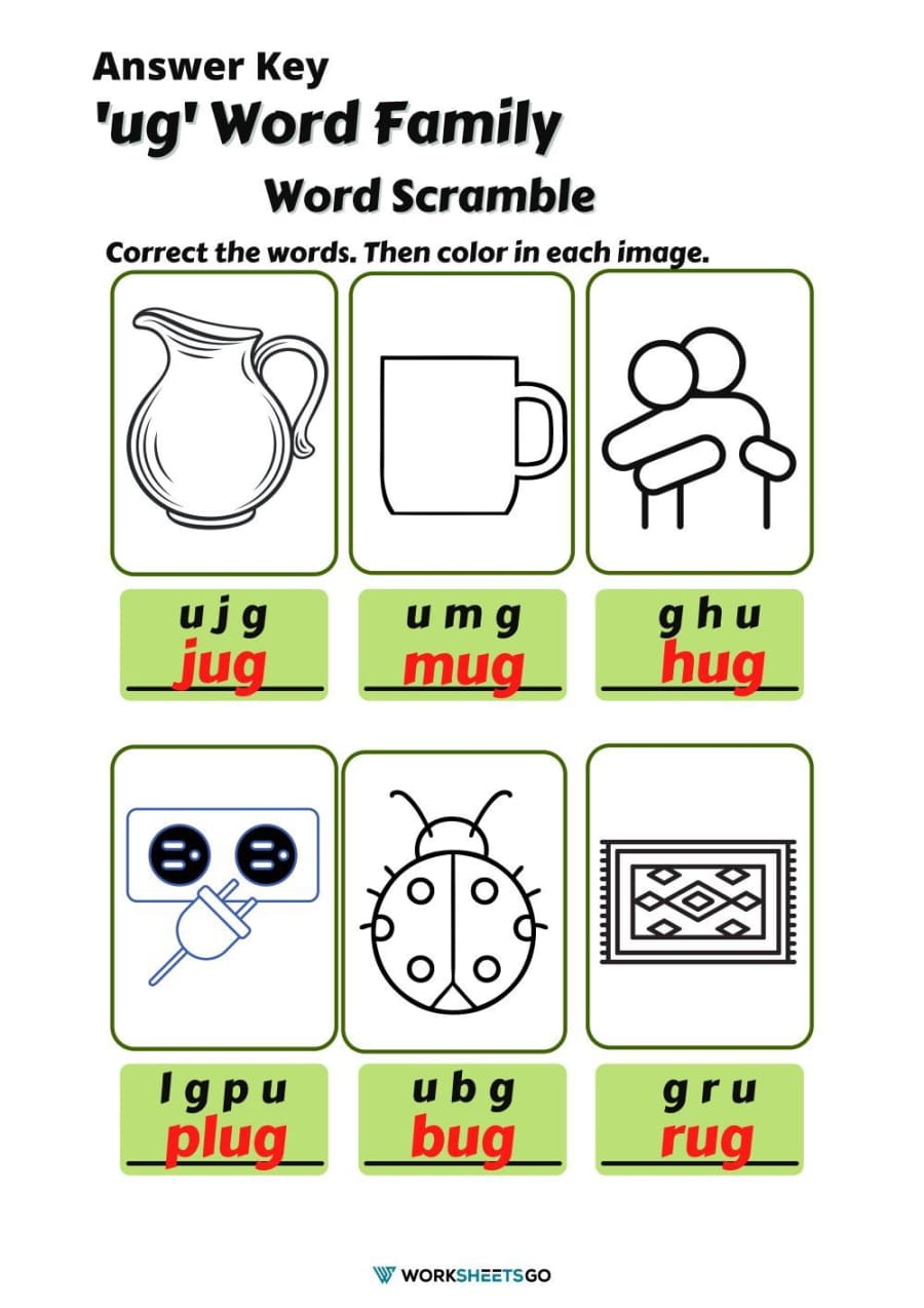 Ug Word Family Word Scramble Answer Key 1