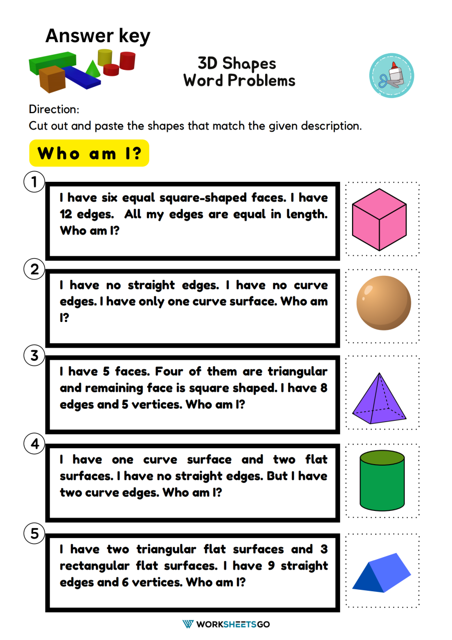 3D Shapes Word Problems Worksheets