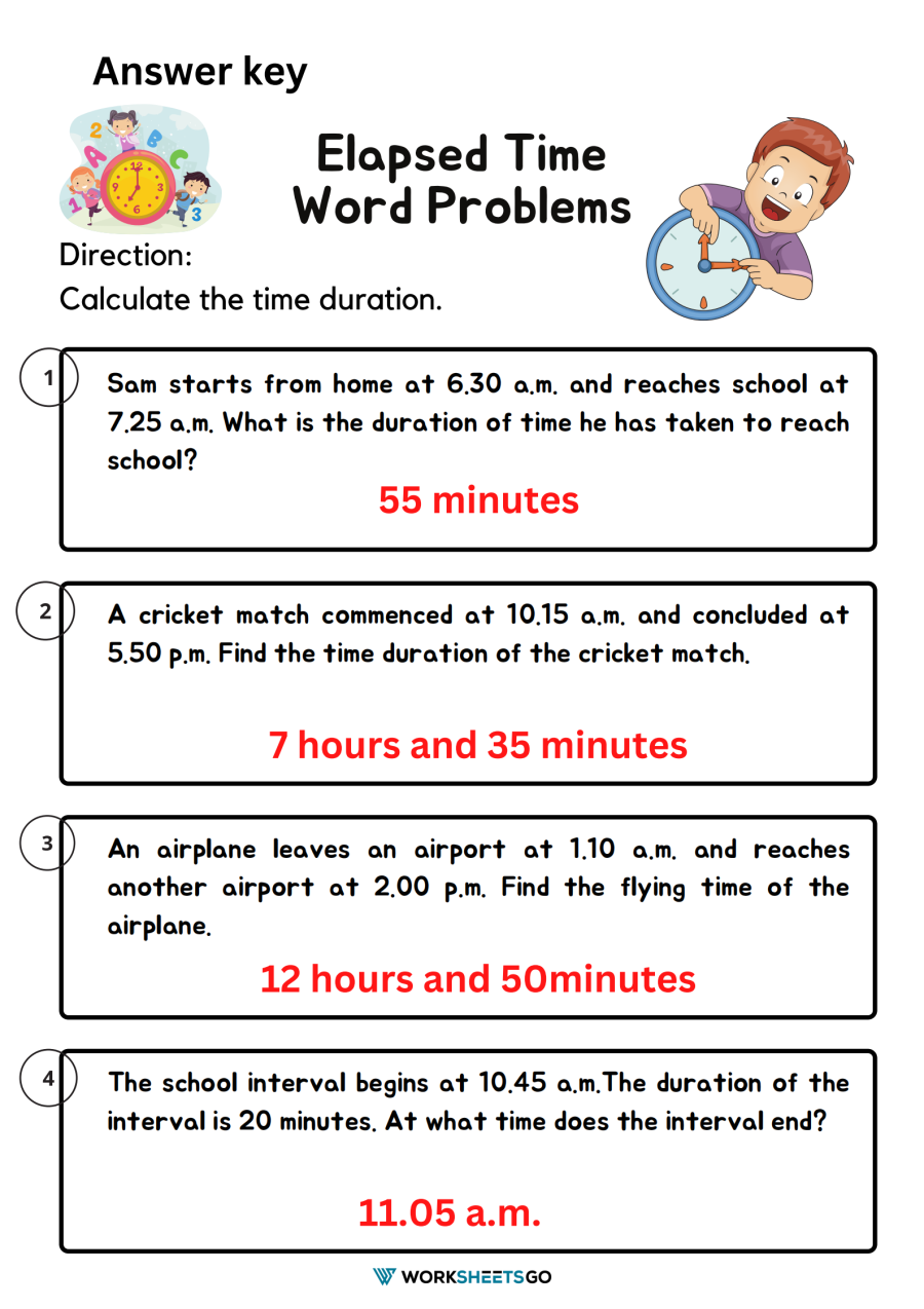 Elapsed Time Word Problems WorksheetsGO