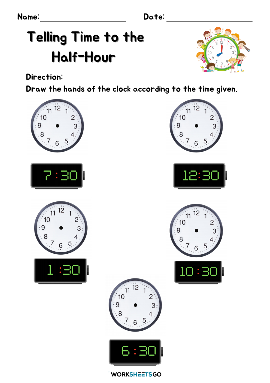 Telling Time to The HalfHour Worksheets WorksheetsGO