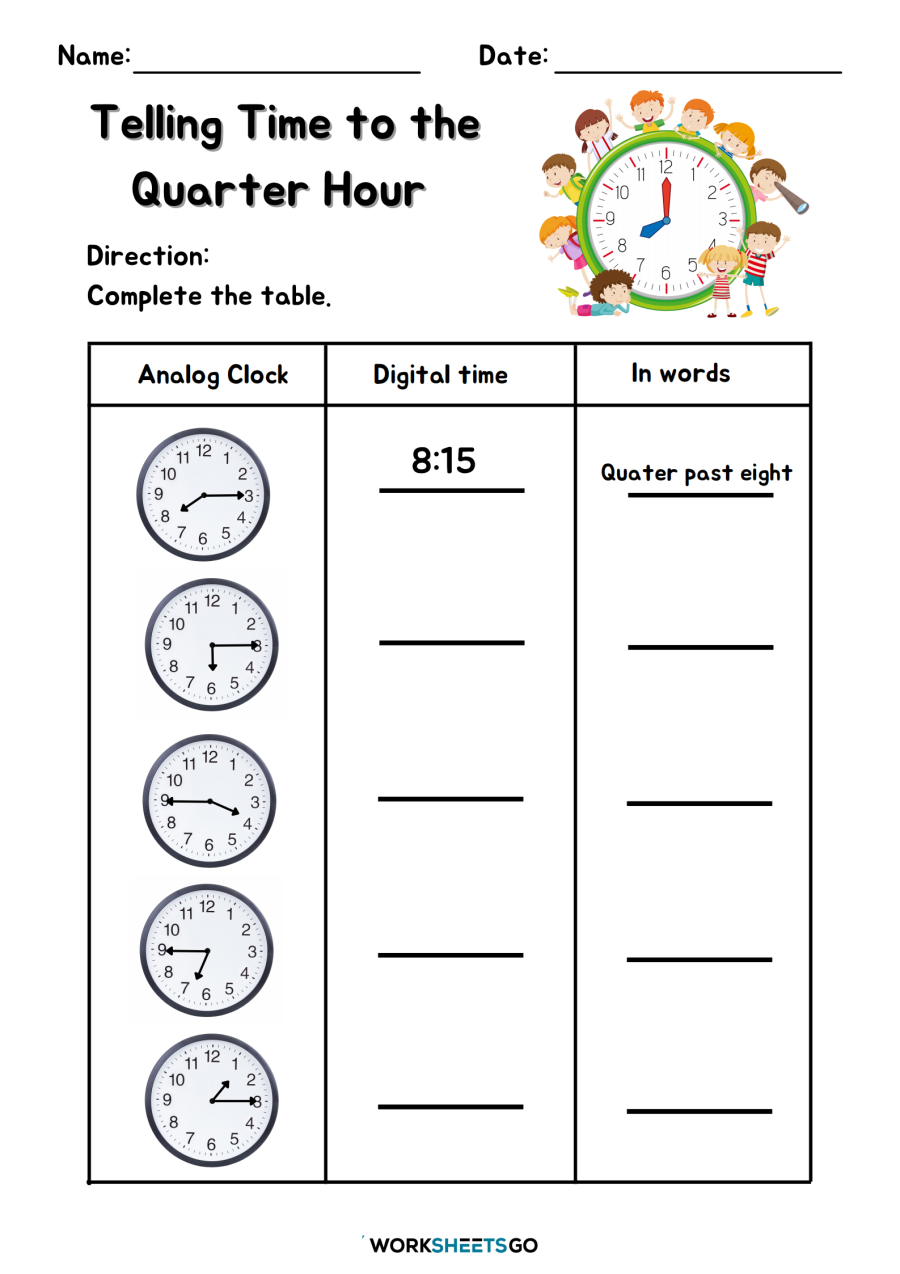 Telling Time To The Quarter Hour Worksheet