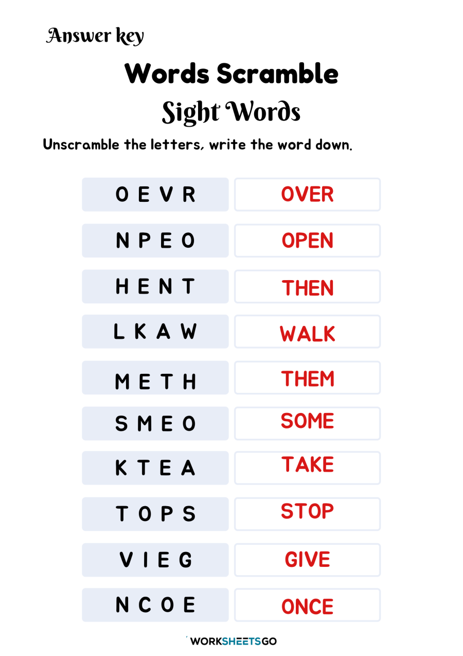 Words Scramble Sight Words Worksheet Answer Key