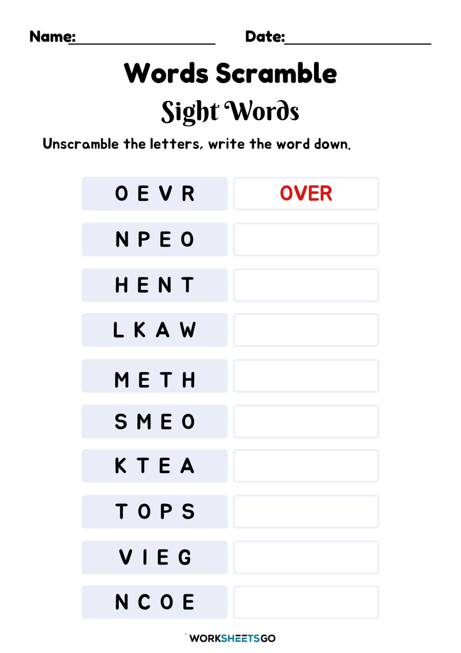 Words Scramble Sight Words Worksheet