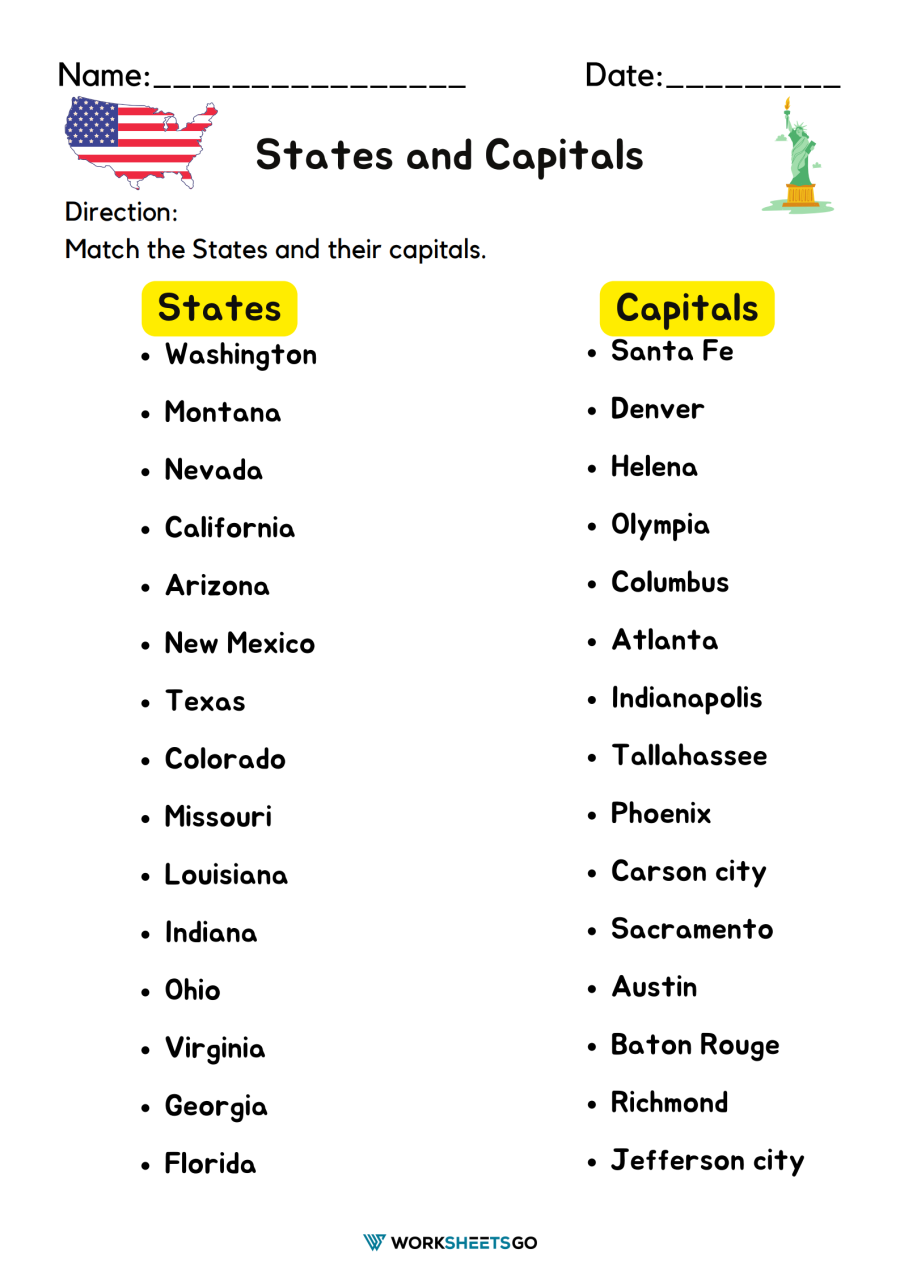 States And Capitals Worksheet