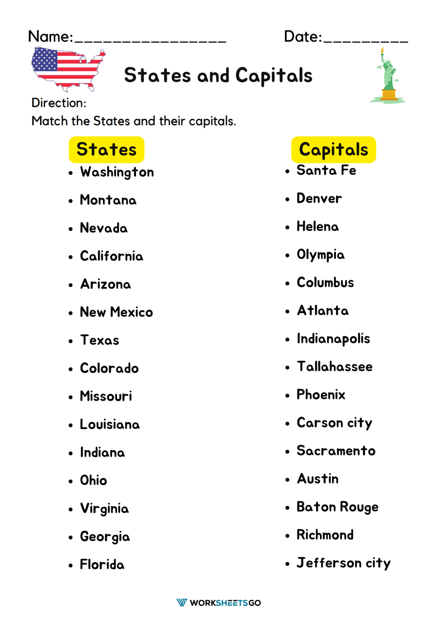 States And Capitals Worksheets WorksheetsGO