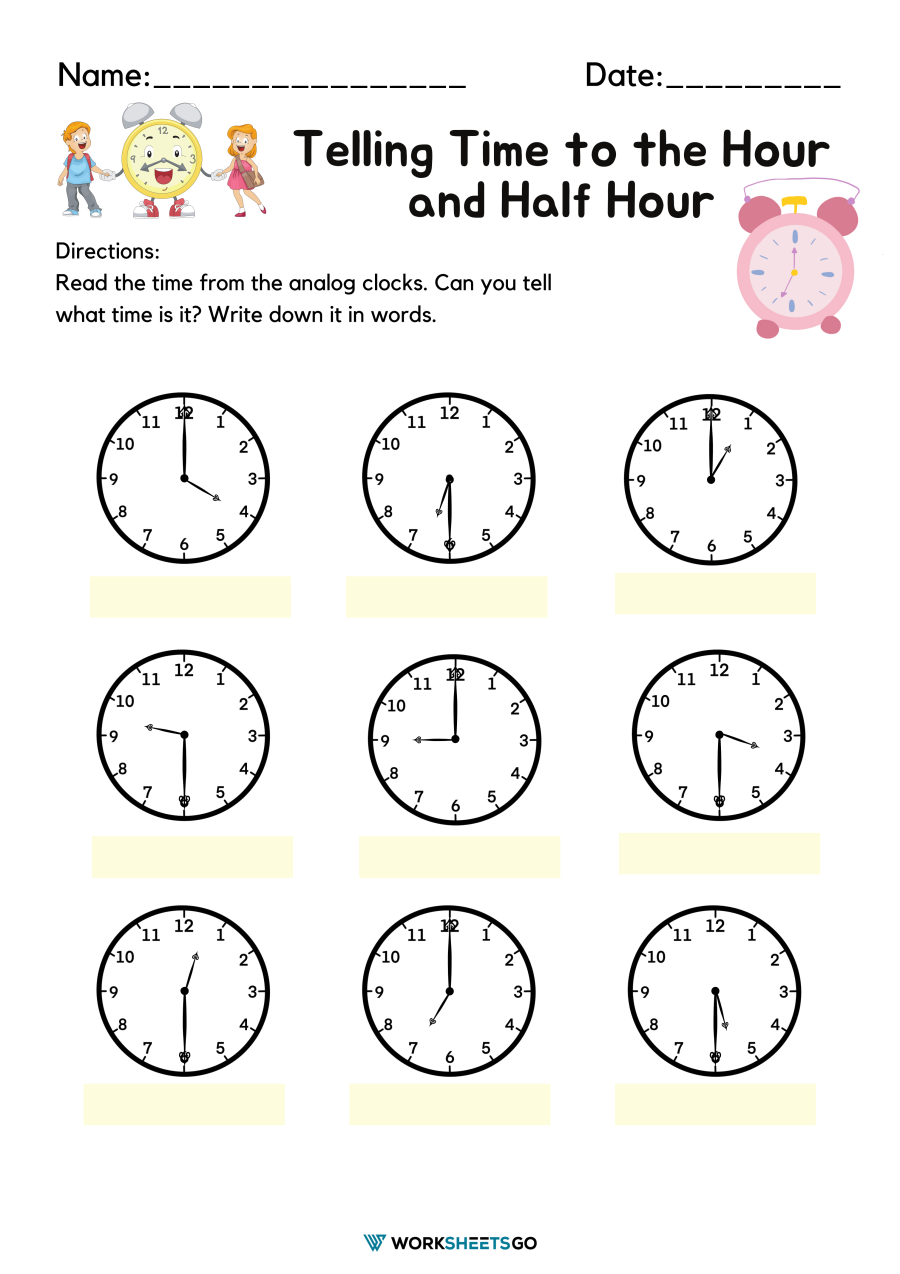 Telling Time To The Hour And Half Hour Worksheet