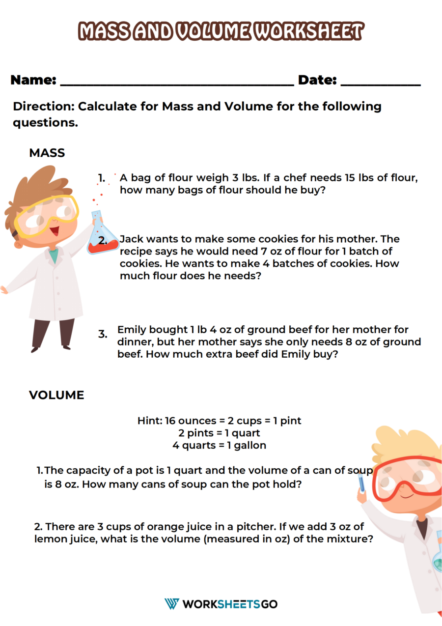 Mass And Volume Worksheet