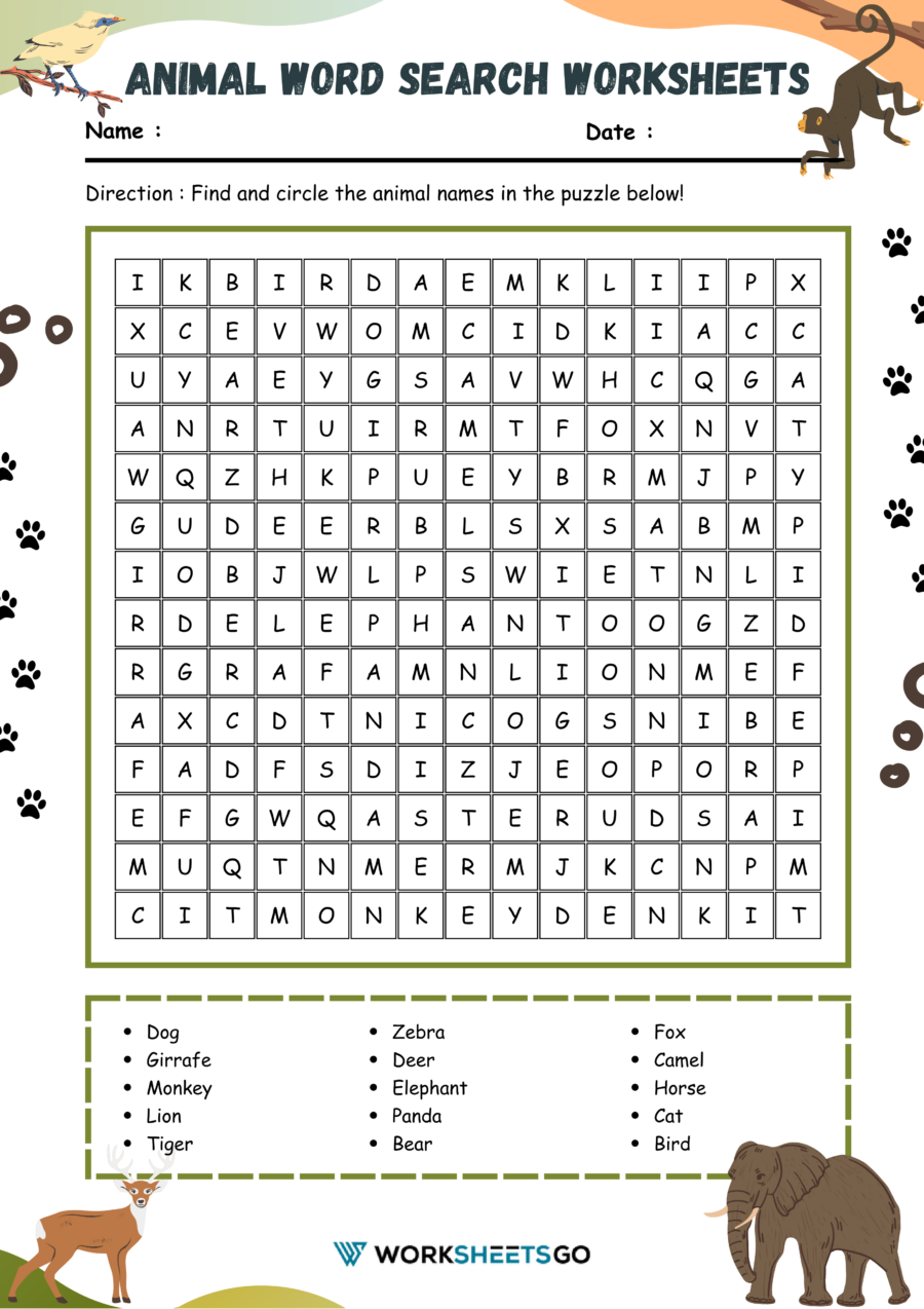 Animal Word Search Worksheet