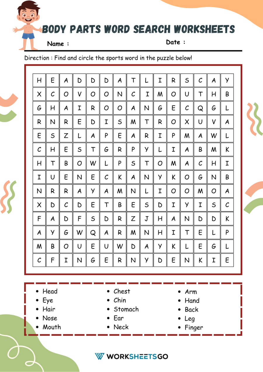 Body Parts Word Search Worksheet