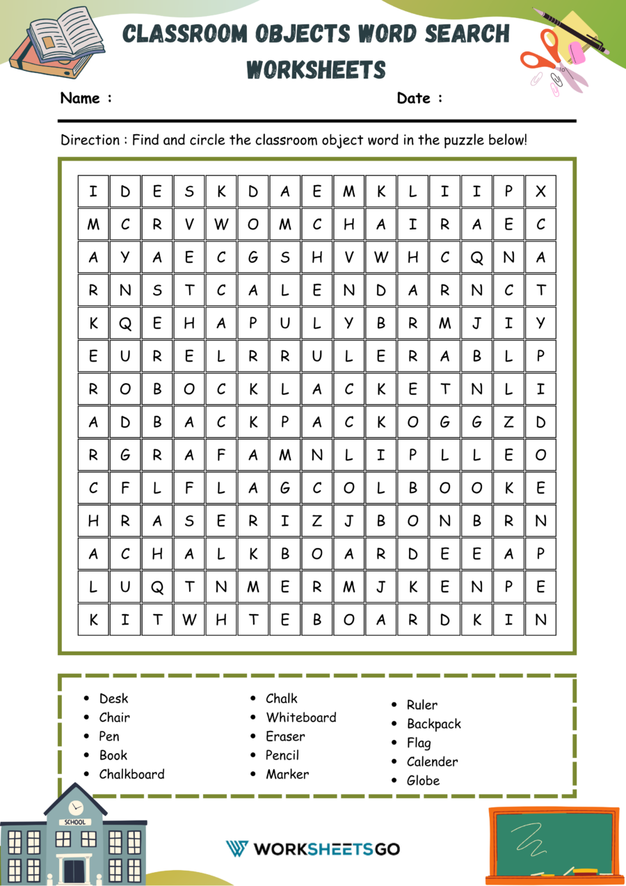 Classroom Objects Word Search Worksheets