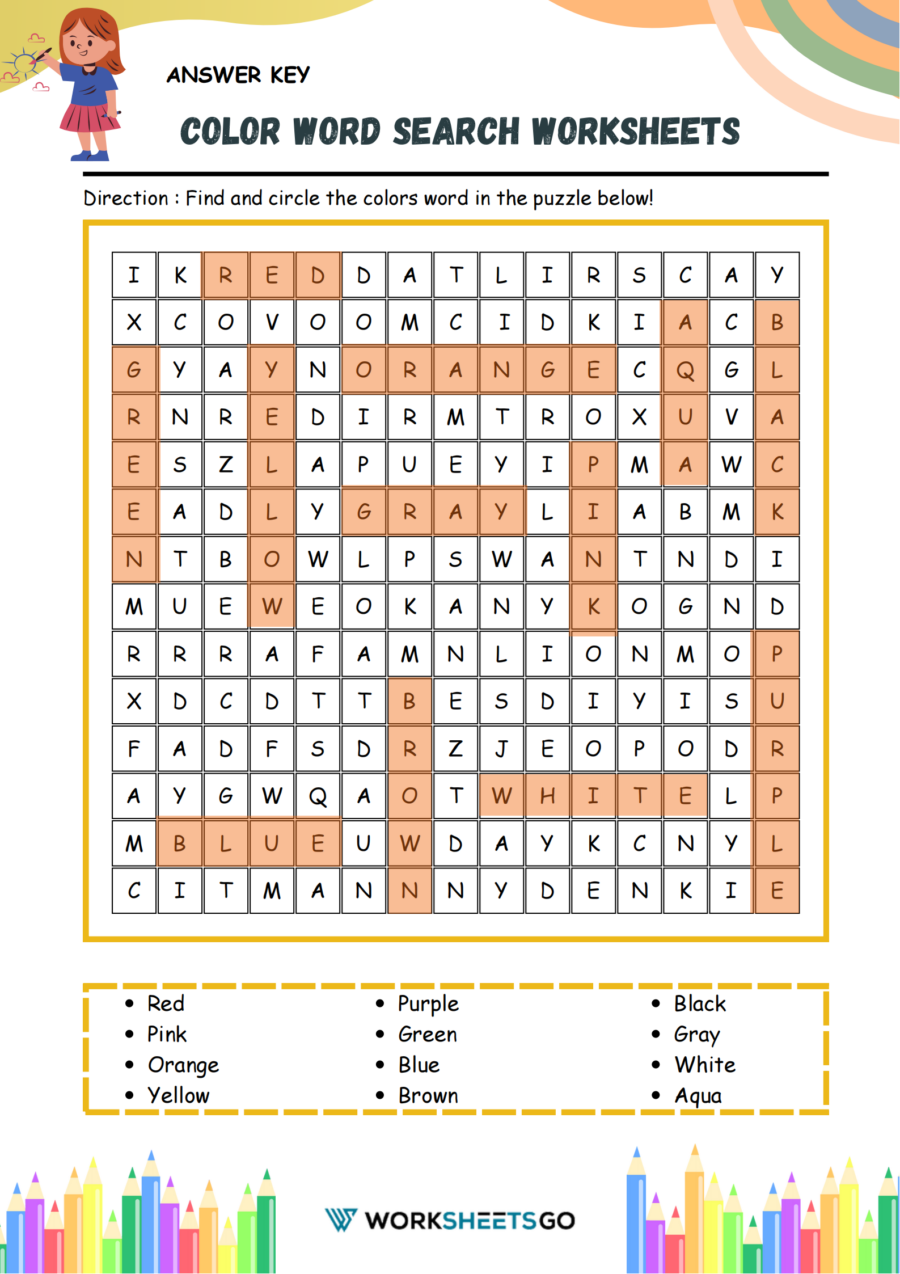 Colors Word Search Worksheets Answer Key