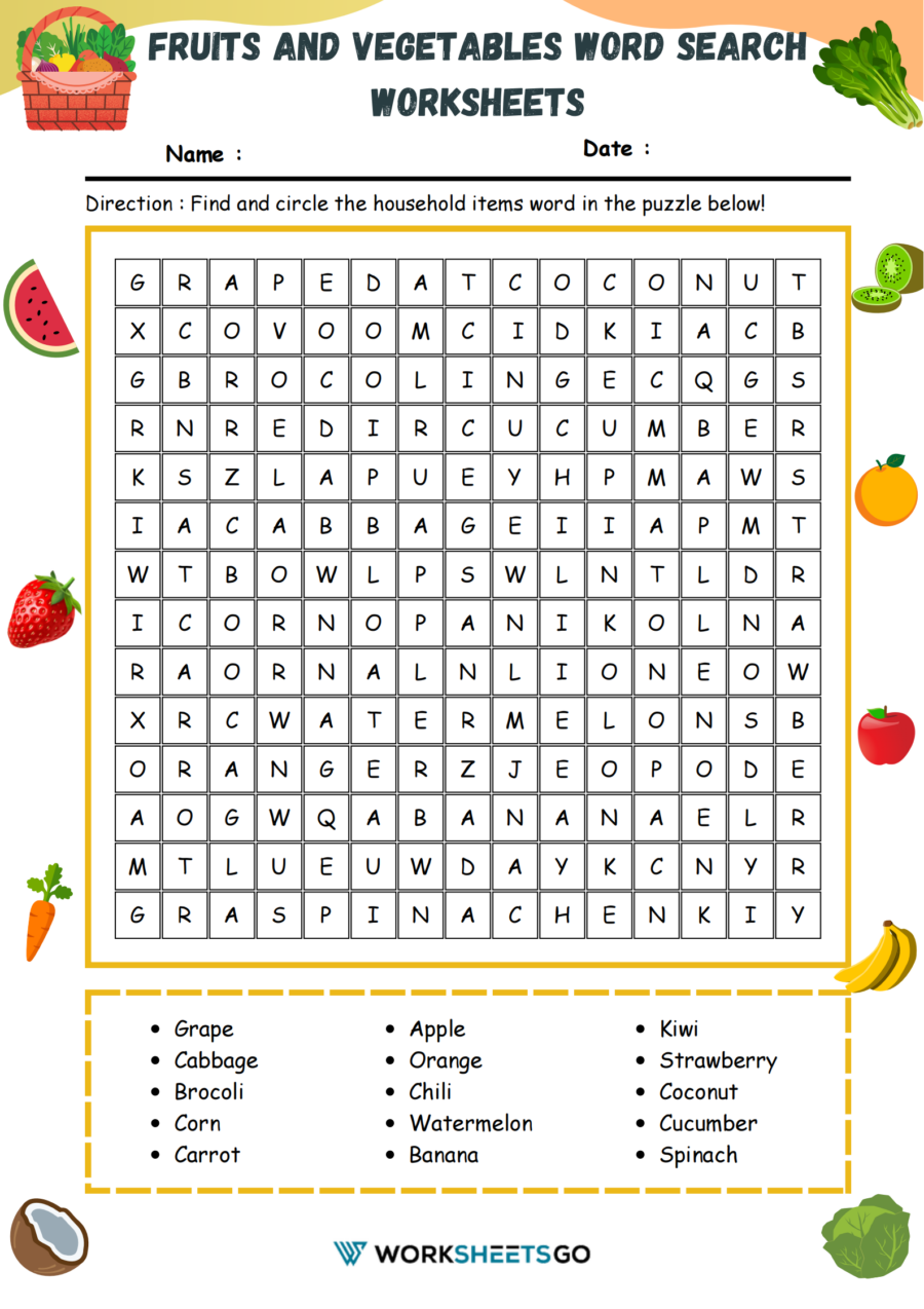 Fruits And Vegetables Word Search Worksheet